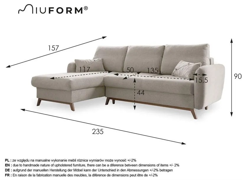 Jasnoszary narożnik rozkładany Miuform Scandic Lagom, lewostronny