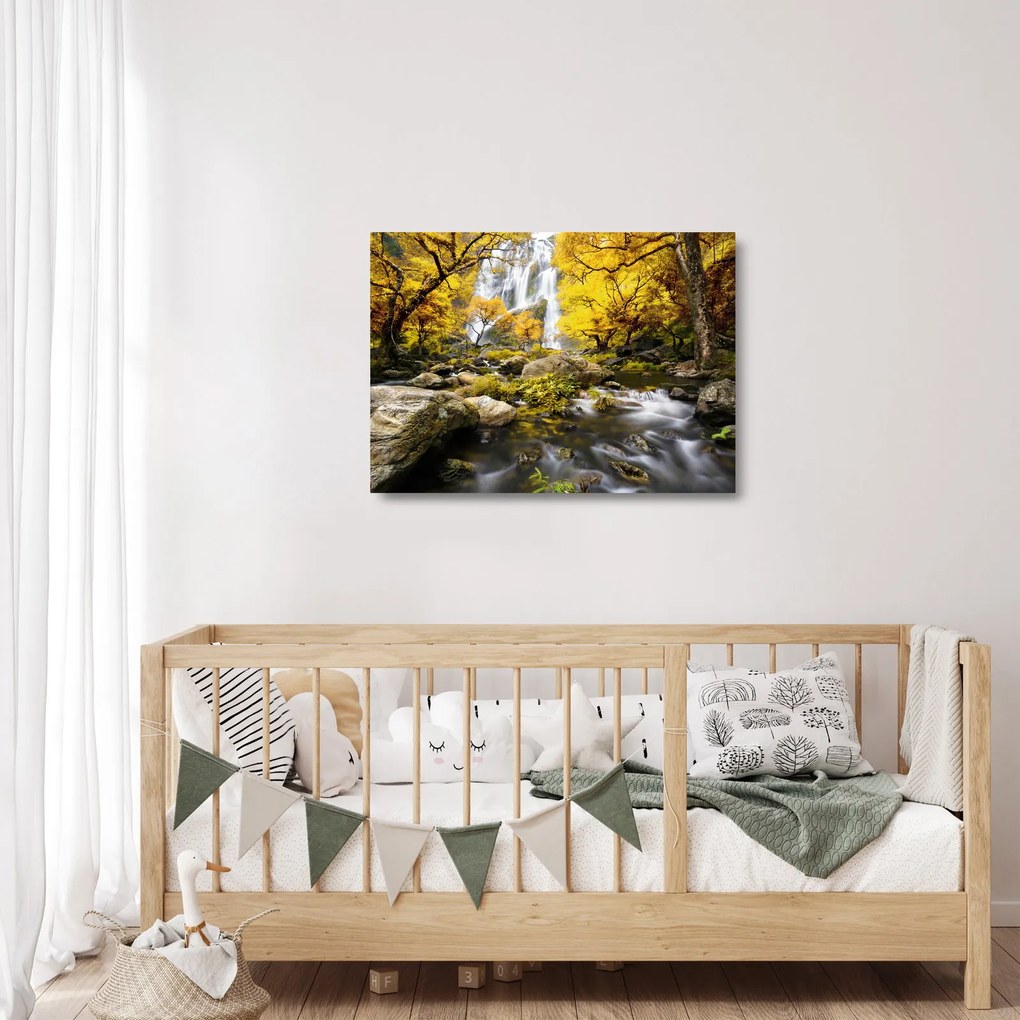 Obraz na szkle - Wodospady w jesiennym krajobrazie, żółty (70x50 cm)