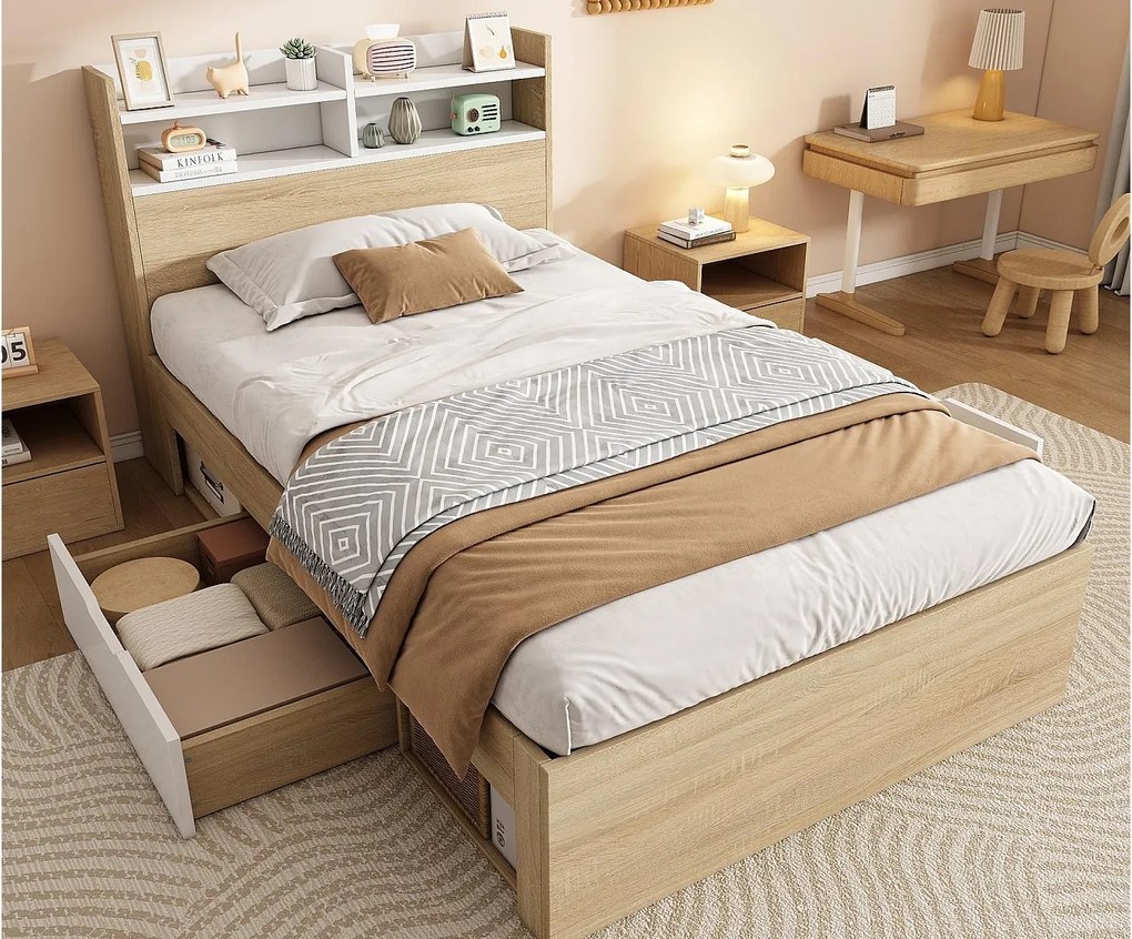Łóżko pojedyncze 90x190cm - z 2 szufladami - zagłówek z półką - płyta wiórowa + drewno lite - Kolor naturalny