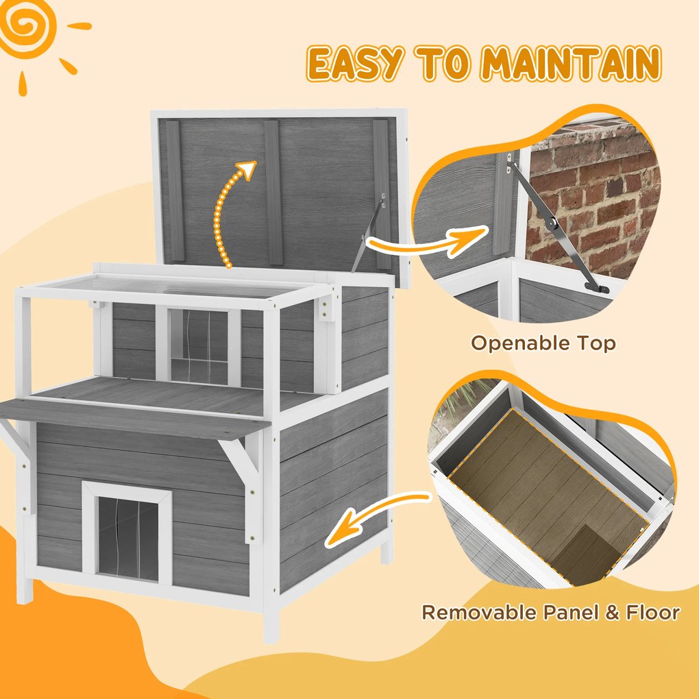 PawHut 2-poziomowa Kocia Chatka z Balkonem, Kocia Chatka Odporna na Warunki Pogodowe, Ochrona przed Deszczem i Słońcem, Do Użycia Wewnętrznego i Zewnętrznego, Jasnoszary