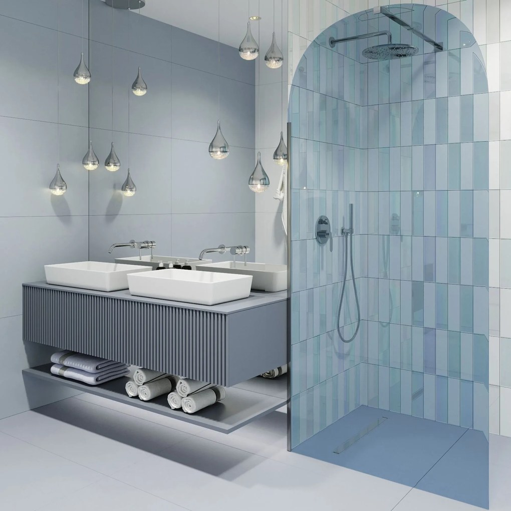 Ścianka prysznicowa WALK IN FIX  niebieska 8mm półokrągła MOLIS NATURE blue oval MASSI | Różne rozmiary : Kolor profili kabiny - czarny, Szerokość ścianki - 100 cm, Typ montażu - WALK in FIX (Do ściany)