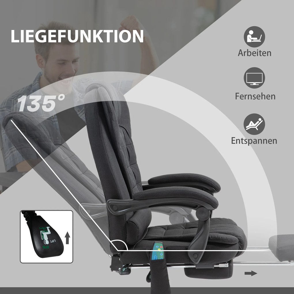 Vinsetto fotel biurowy do masażu krzesło obrotowe 6-punktowy masaż i ogrzewanie ergonomiczny odchylany do 135° z pilotem do 120 kg czarny | Aosom PL
