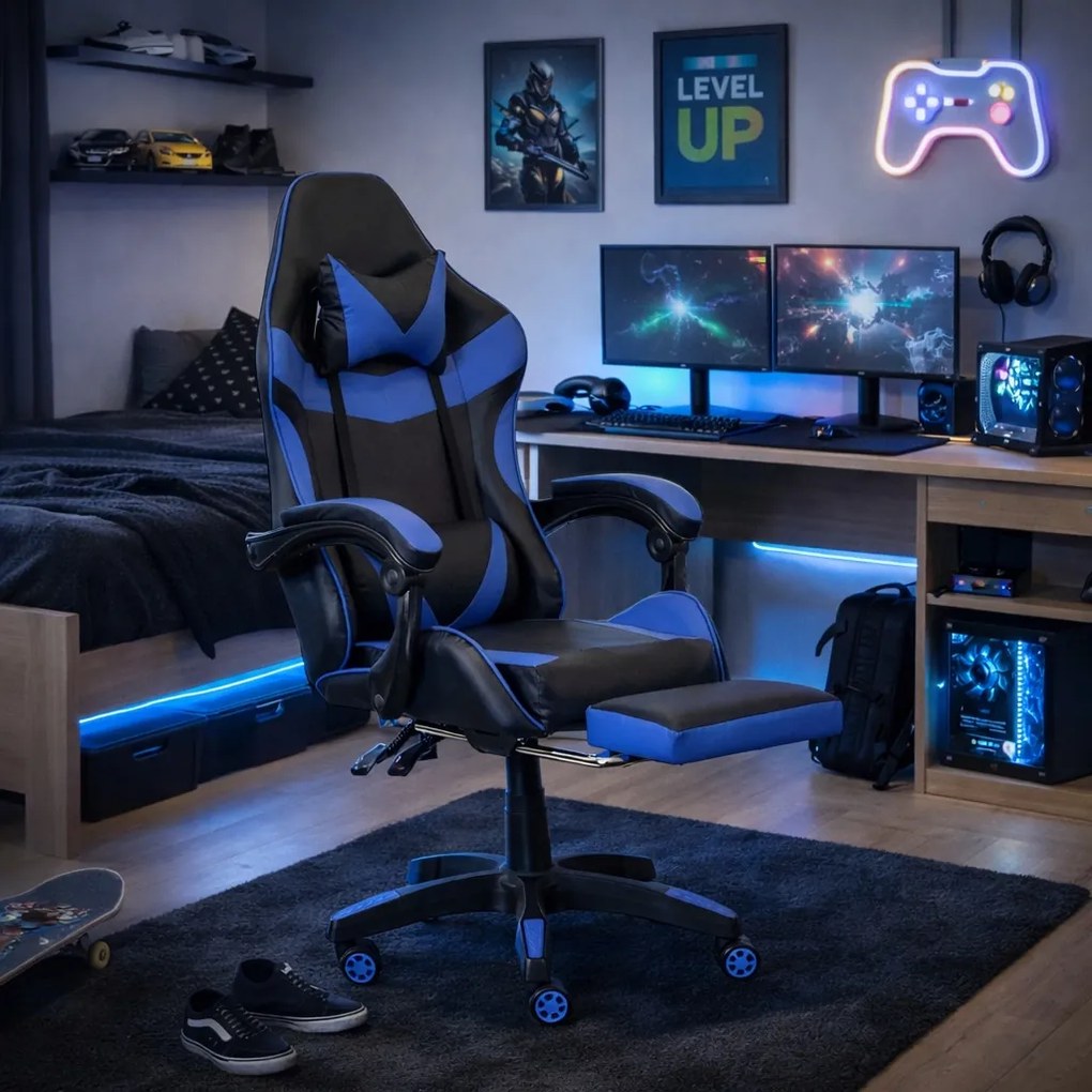 Fotel gamingowy z podnóżkiem Raxor, kolor czarno-niebieski
