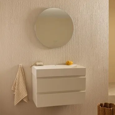 Zestaw Wiszących Mebli Łazienkowych Z Drewna I Forniru Jesionowego Zintegrowany Z Umywalką Ona Biała & Okrągła - Sklum