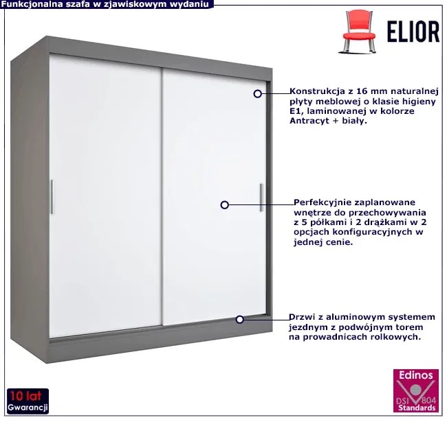 Szafa przesuwna 180 cm antracyt + biały - Erco 5X
