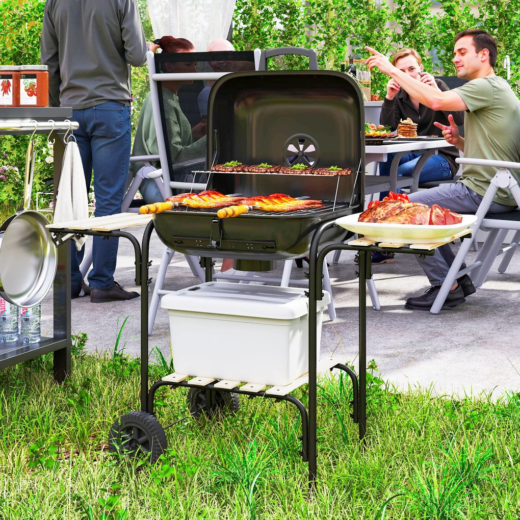 Outsunny Grill węglowy ze stali, przenośny, z zamykaną pokrywą, rusztem, kółkami i półkami, 98 x 54 x 91 cm, czarny | Aosom PL