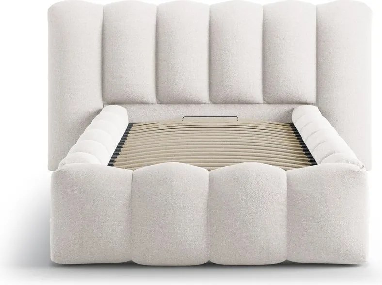 Kremowe tapicerowane łóżko jednoosobowe ze schowkiem ze stelażem 90x200 cm Lupine – Micadoni