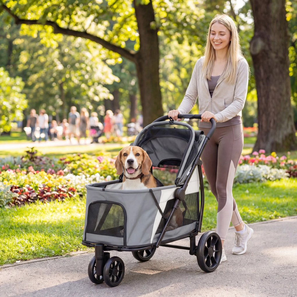 PawHut Wózek dla psa składany z zmywalną poduszką, oknami z siatki, 3 kołami, dla średnich psów do 20 kg, szary | Aosom PL