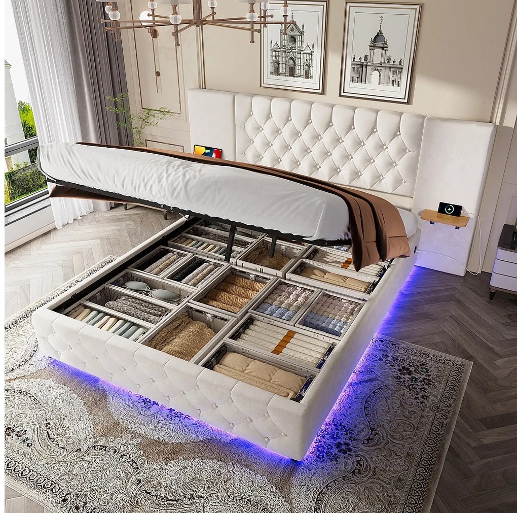 Łóżko ze schowkiem 160x200 cm z diodami LED i portem USB, szeroki zagłówek - beżowy aksamit - bez materaca