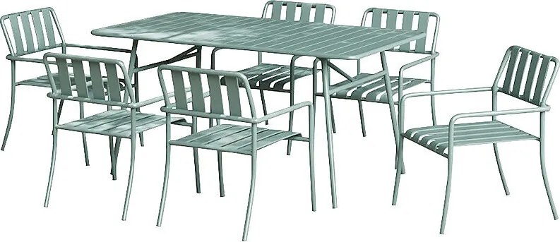 Zestaw mebli jadalnianych ogrodowych z metalu: stół o dł. 160 cm i 6 foteli - Migdałowa zieleń - BIRMOS marki MYLIA