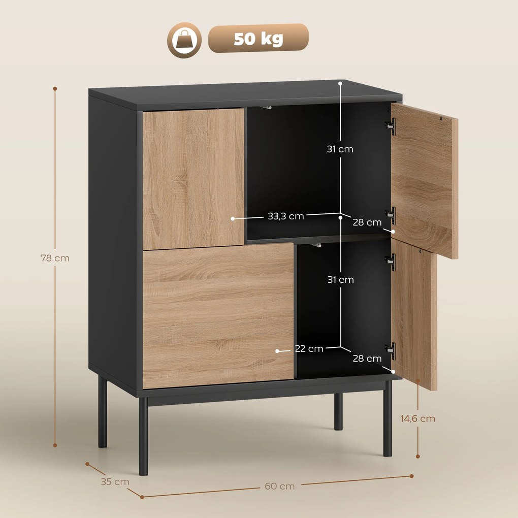 HOMCOM Sideboard z drzwiami push-to-open, szafka do jadalni na metalowych nogach, szafka kuchenna, MDF, Czarny+Naturalne drewno