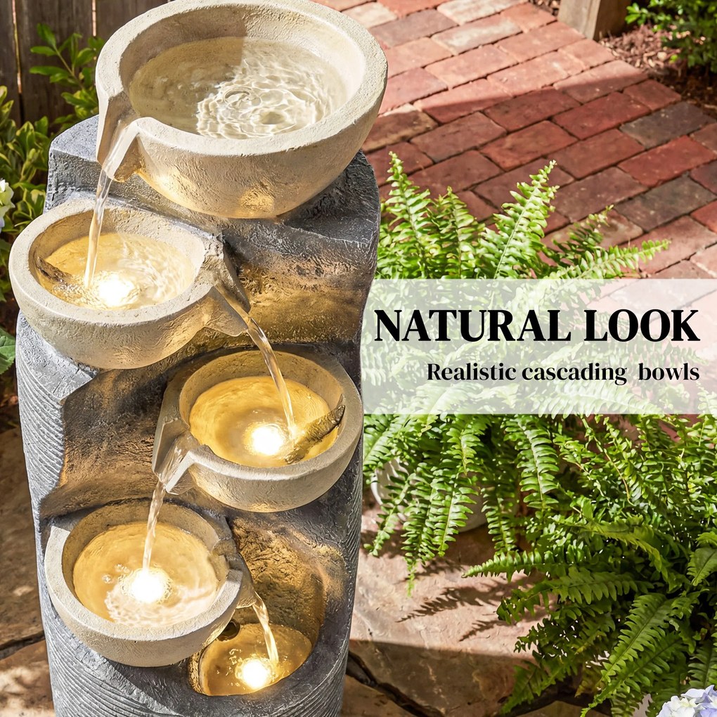 Outsunny 5-poziomowa fontanna ogrodowa z oświetleniem LED, pompą, kamienny styl, regulowana 33 x 31 x 80 cm | Aosom PL