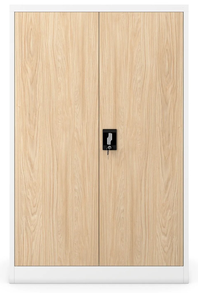 Biurowa szafa metalowa KEVIN, 900 x 1400 x 400 mm, Eco Design: biała/ dąb sonoma