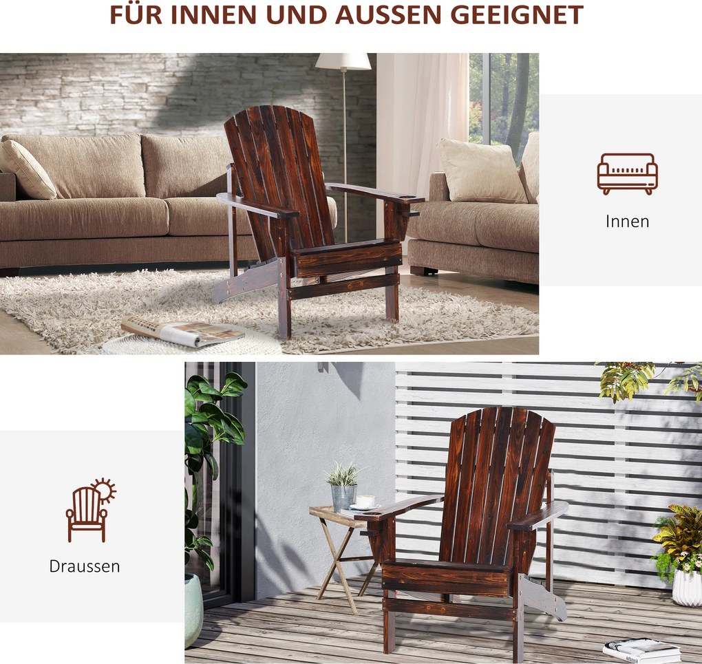 Outsunny Krzesło ogrodowe Adirondack Leżak ogrodowy Meble ogrodowe Krzesło balkonowe z litego drewna o zwęglonym wyglądzie