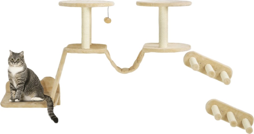 PawHut Zestaw schodków dla kota, montaż ścienny i sufitowy, dla kotów do 5 kg, Beżowy