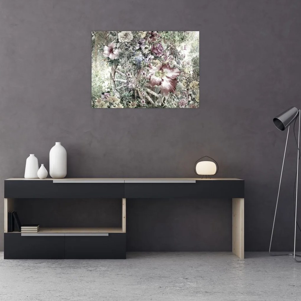 Obraz kwiatów na drewnianym kole (70x50 cm)