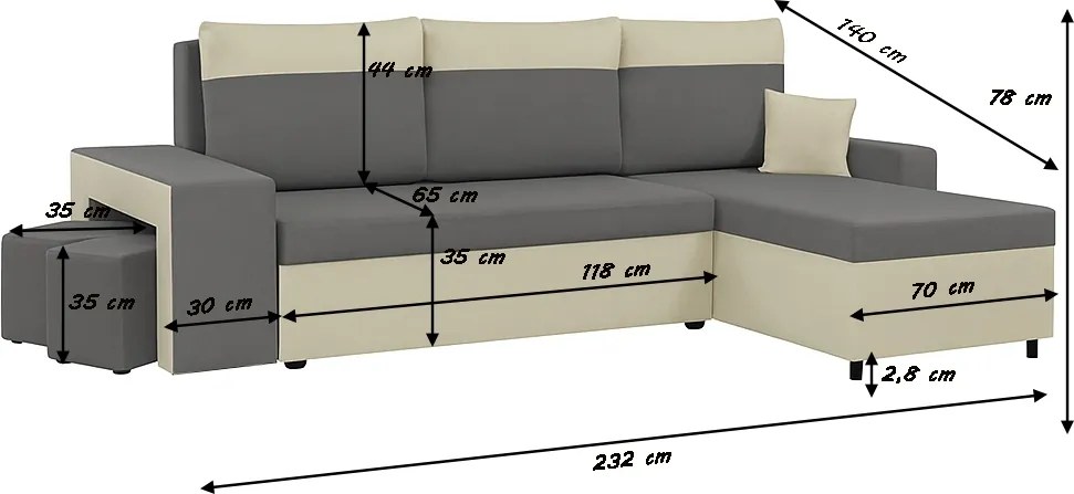 Narożnik z funkcją spania DAKOTA2 Ciemny szary
