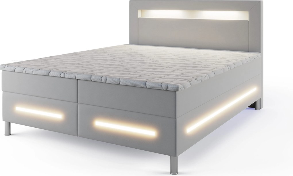 Łóżko kontynentalne BENZ z podświetleniem LED 180x200 cm - Białe, MADRYT 920 pojemnik na pościel i wygodny materac