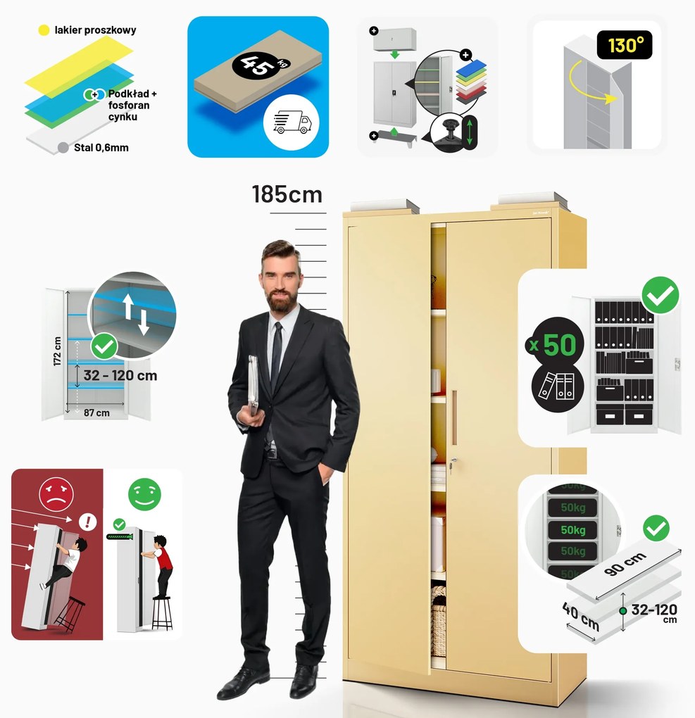 Szafa biurowa na dokumenty z zamkiem beżowa: Fresh Style JAN, 900 x 1850 x 400 mm