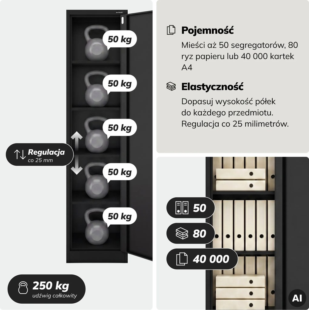 Szafa na akta kartotekowa na klucz czarna, 450x1850x600 mm: ALEX D600