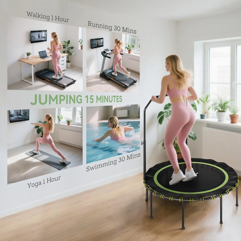 SPORTNOW Trampolina fitness z regulowanym uchwytem, Trampolina sportowa do użytku wewnątrz i na zewnątrz, Stal, Tworzywo sztuczne, Zielony