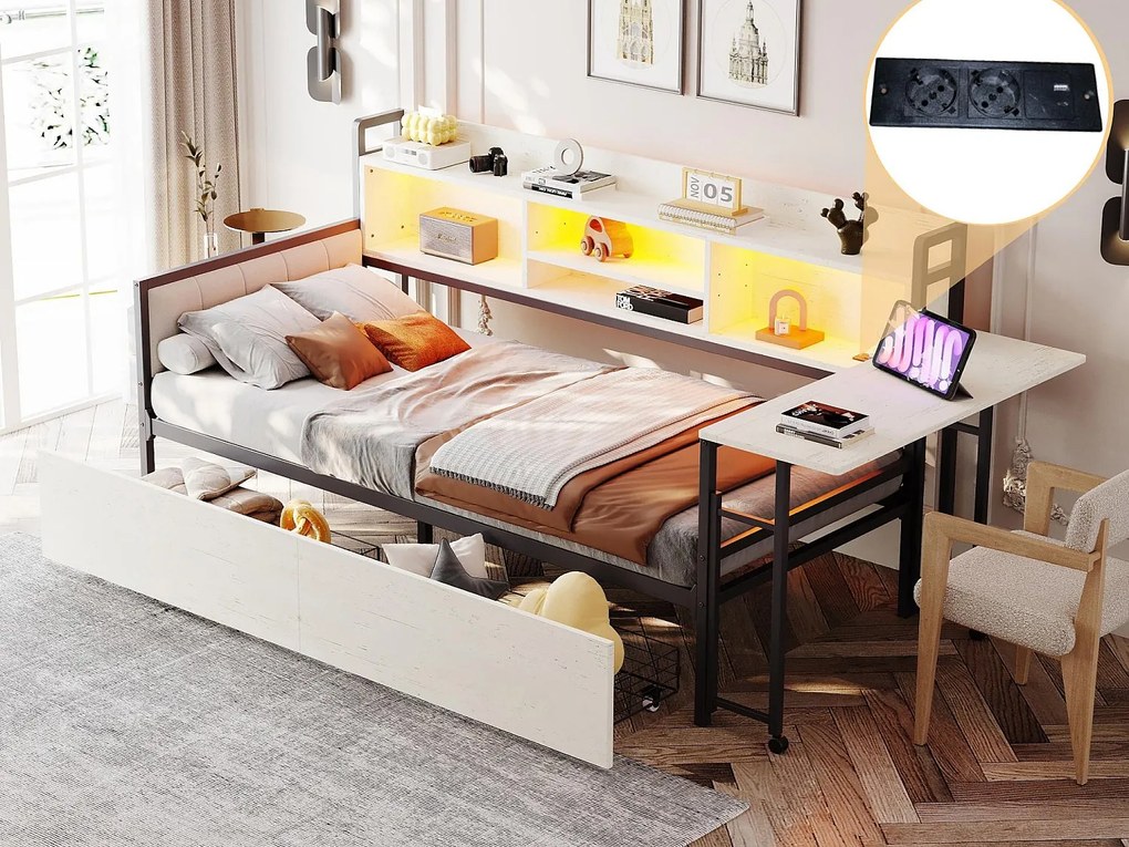 Sofa rozkładana 90x200 cm - z oświetleniem LED - z 2 szufladami - gniazdko elektryczne - składane biurko - biały (materac nie jest w zestawie)