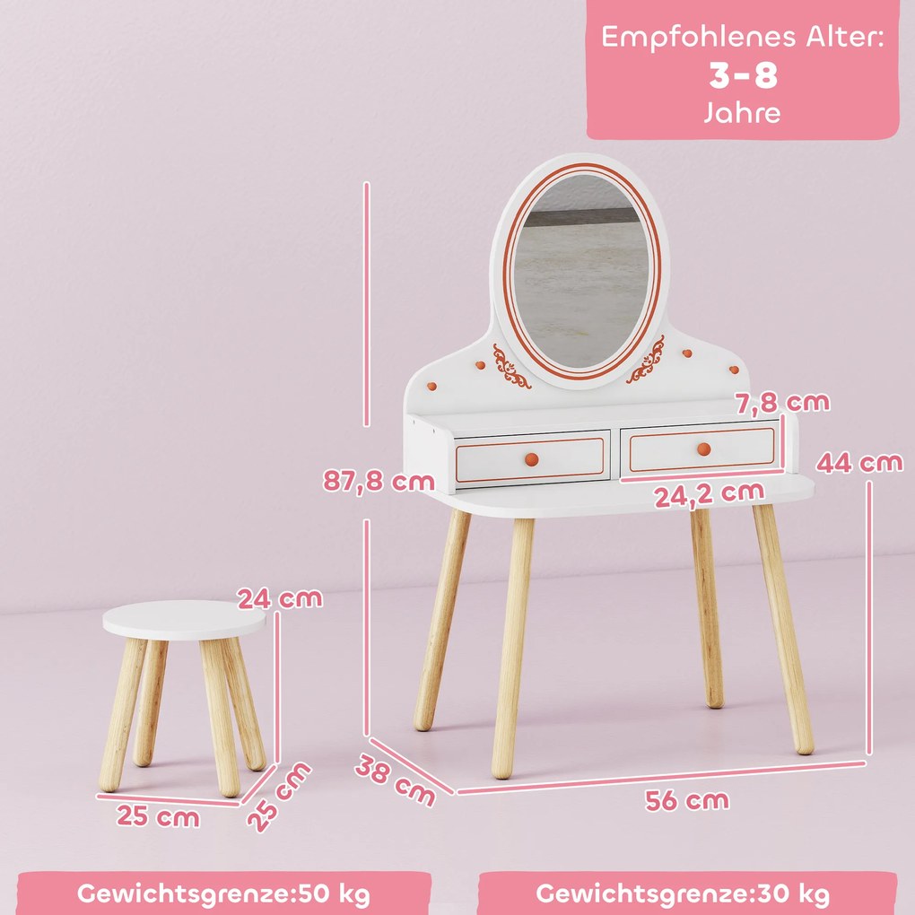 AIYAPLAY Dziecięcy Stolik do Makijażu Zestaw z Taboretem Lustrem Szufladami Drążkami na Ubrania dla 3-8 Lat 56 x 38 x 87,8 cm Biały | Aosom PL