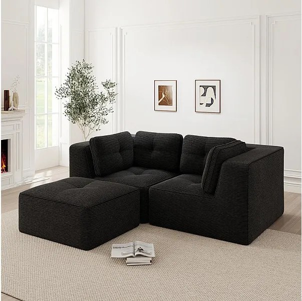 Canapé d'angle modulable, avec pouf et coussins, en velours côtelé, Noir, 208x177x69cm