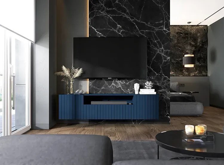 Granatowa ścienna szafka na tv z lamelami E8-B99