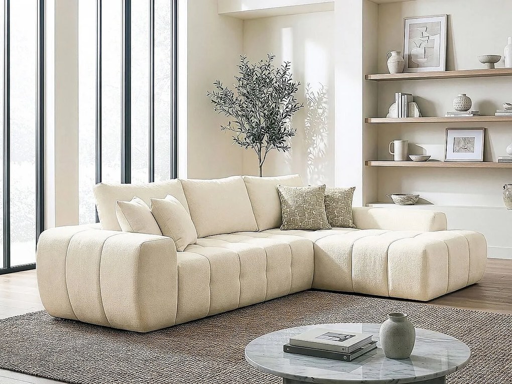 Narożnik prawostronny 4-osobowy "Sidonie" beżowy z tkaniny poliestrowej, styl bubble, wypełnienie piankowe, szybki montaż