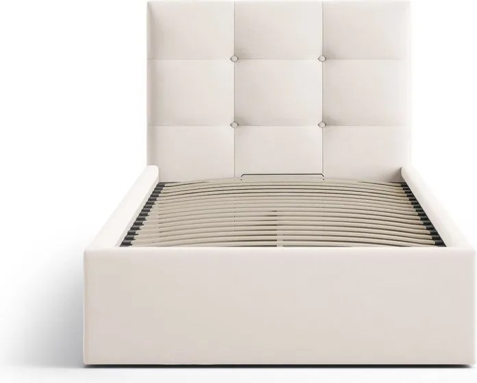 Kremowe tapicerowane łóżko jednoosobowe ze schowkiem i stelażem 90x200 cm Phaedra – Micadoni