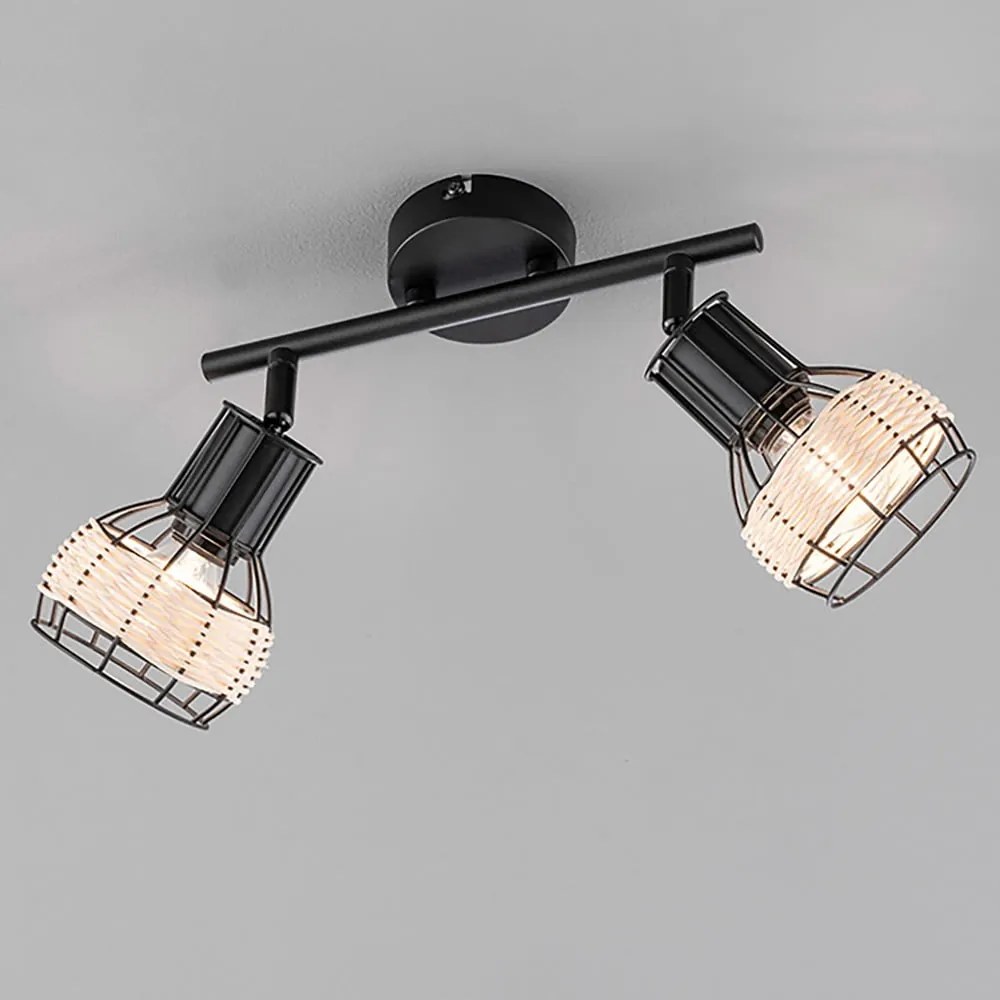 Czarna lampa sufitowa z metalowo-rattanowym kloszem 10x28 cm Straw – Fischer & Honsel