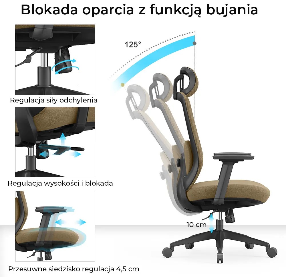 Ergonomiczny fotel biurowy z regulacjami Runo, zgodny z normą BHP