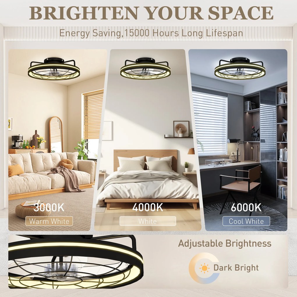 HOMCOM Wentylator sufitowy z lampą i pilotem, 48 cm LED, 3 temperatury światła, 6 prędkości, timer, czarny | Aosom PL
