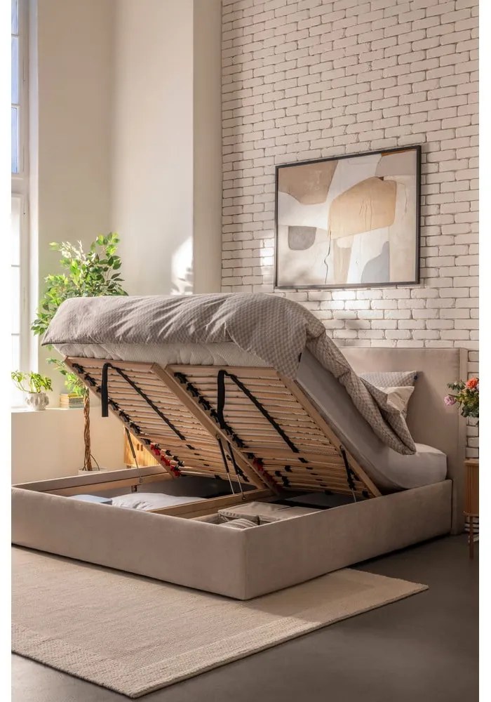 Łóżko tapicerowane dwuosobowe taupe z miejscem do przechowywania z materacem/kratką 180x200 cm Thessa Pillow - Bonami Selection