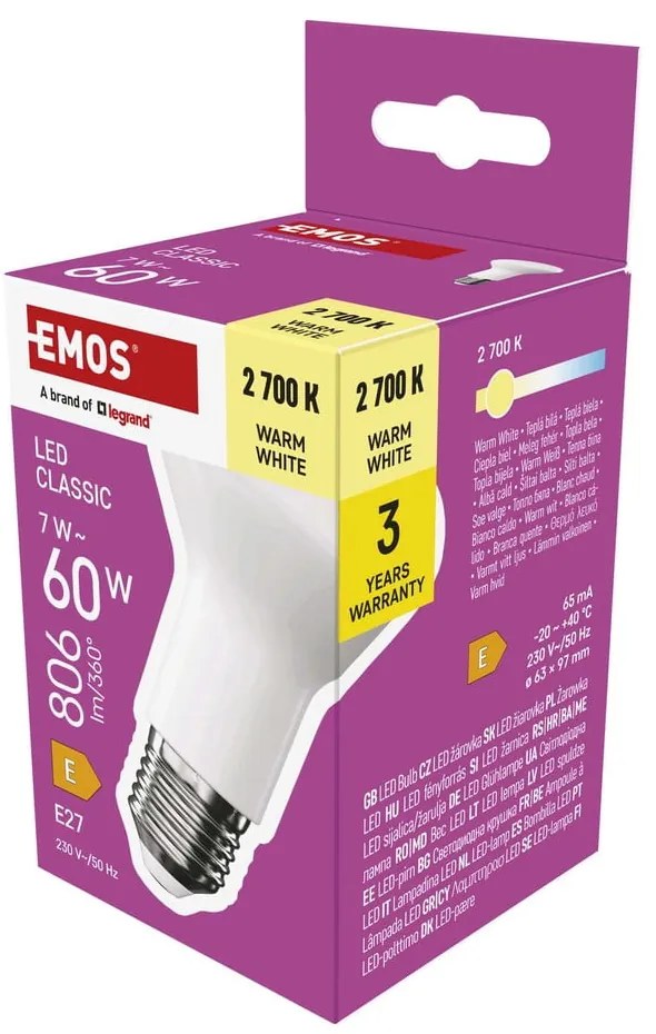 Żarówka LED z ciepłym światłem z gwintem E27, 7 W – EMOS