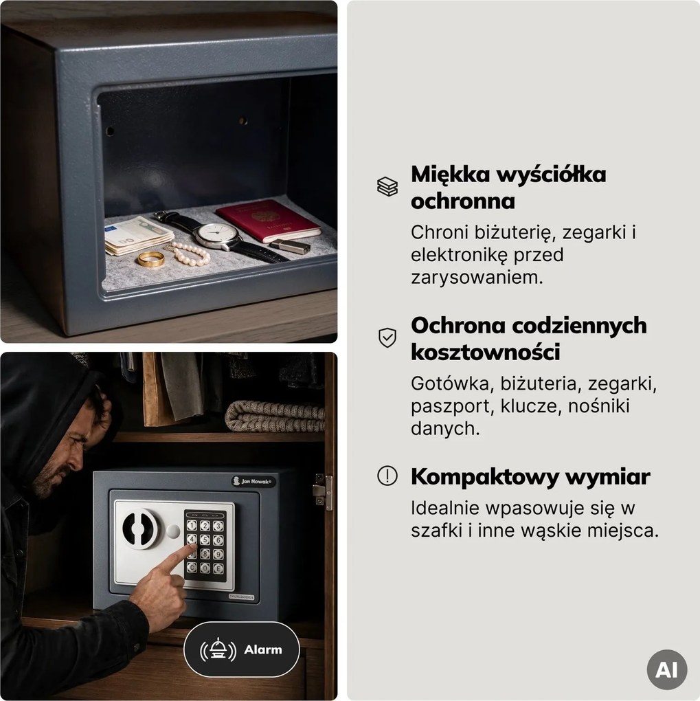 Mini sejf elektroniczny do szafy, na pieniądze i biżuterię Hector