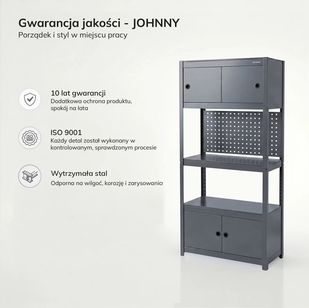 Metalowy regał warsztatowy z szafkami Johnny, 80 x 42 x 180 cm, kolor antracyt