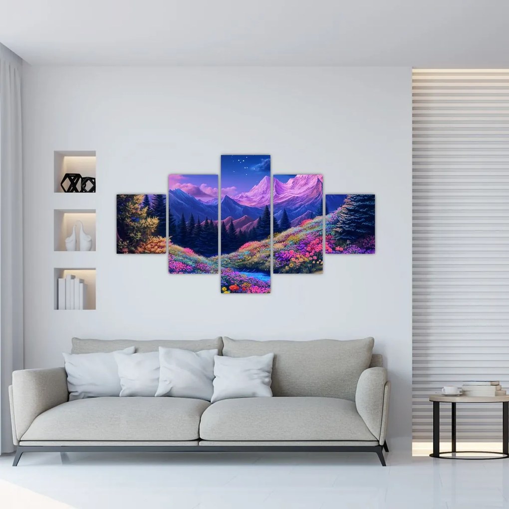 Obraz - Fioletowy krajobraz przy pełni księżyca (125x70 cm)