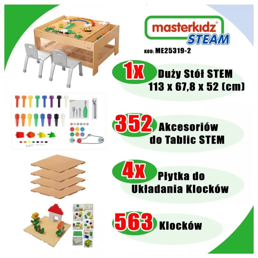 Masterkidz drewniany stół edukacyjny + akcesoria stem wall + 563 klocków