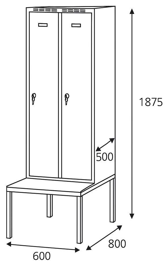 Alfa 3 Szafka ubraniowa z ławką, 2-drzwiowa, 1875 x 600 x 500/800 mm, zamek cylindryczny, drzwi pomarańczowe