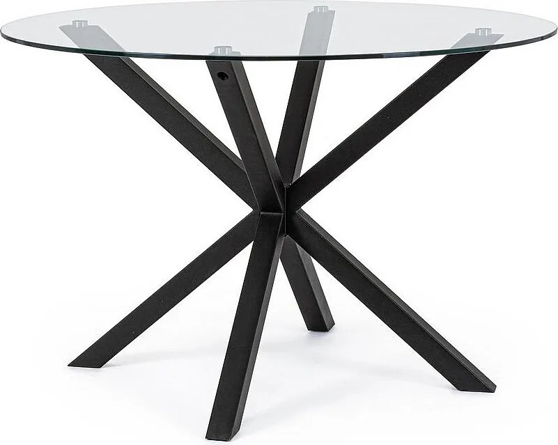 Okrągły szklany stolik, czarna stalowa skrzyżowana noga ⌀114 cm - MAY