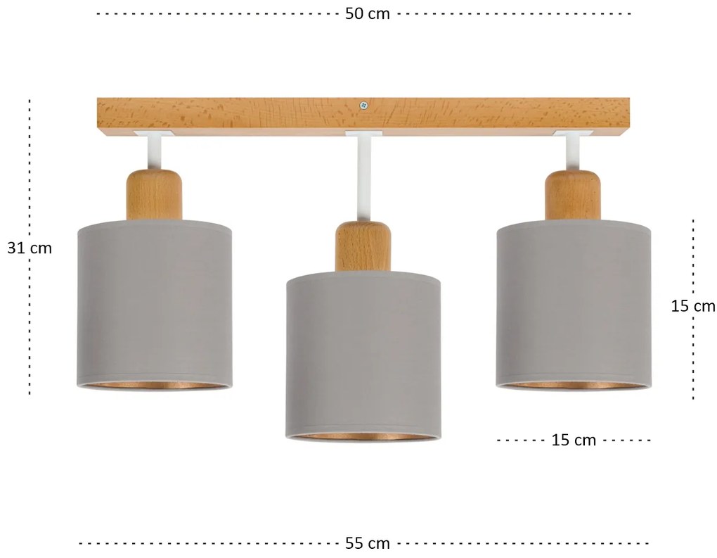 Szara lampa sufitowa, trzypunktowy spot CL-DWE50x7BU-GR z drewna E27