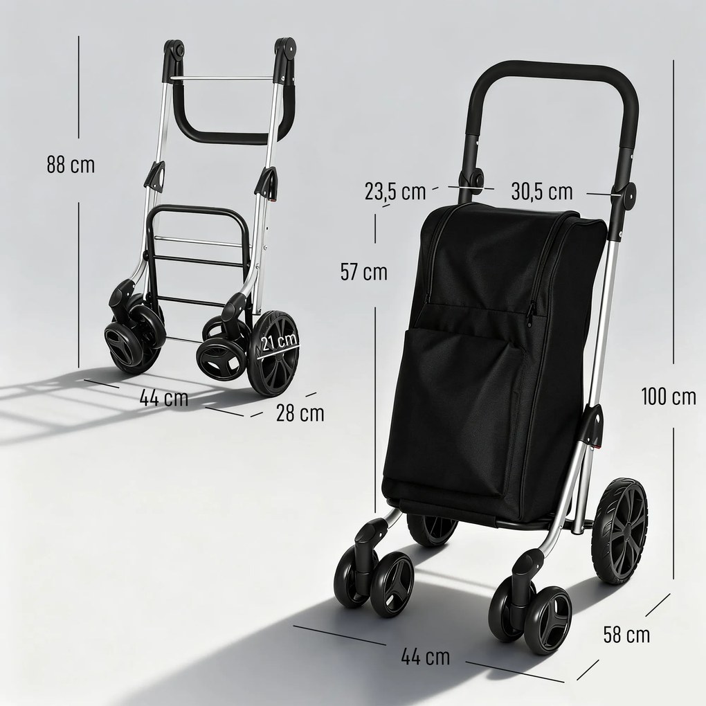 HOMCOM Wózek na zakupy, torba 46 litrów, składany wózek z kieszenią chłodzącą, regulowany uchwyt, rama aluminiowa, czarny | Aosom PL
