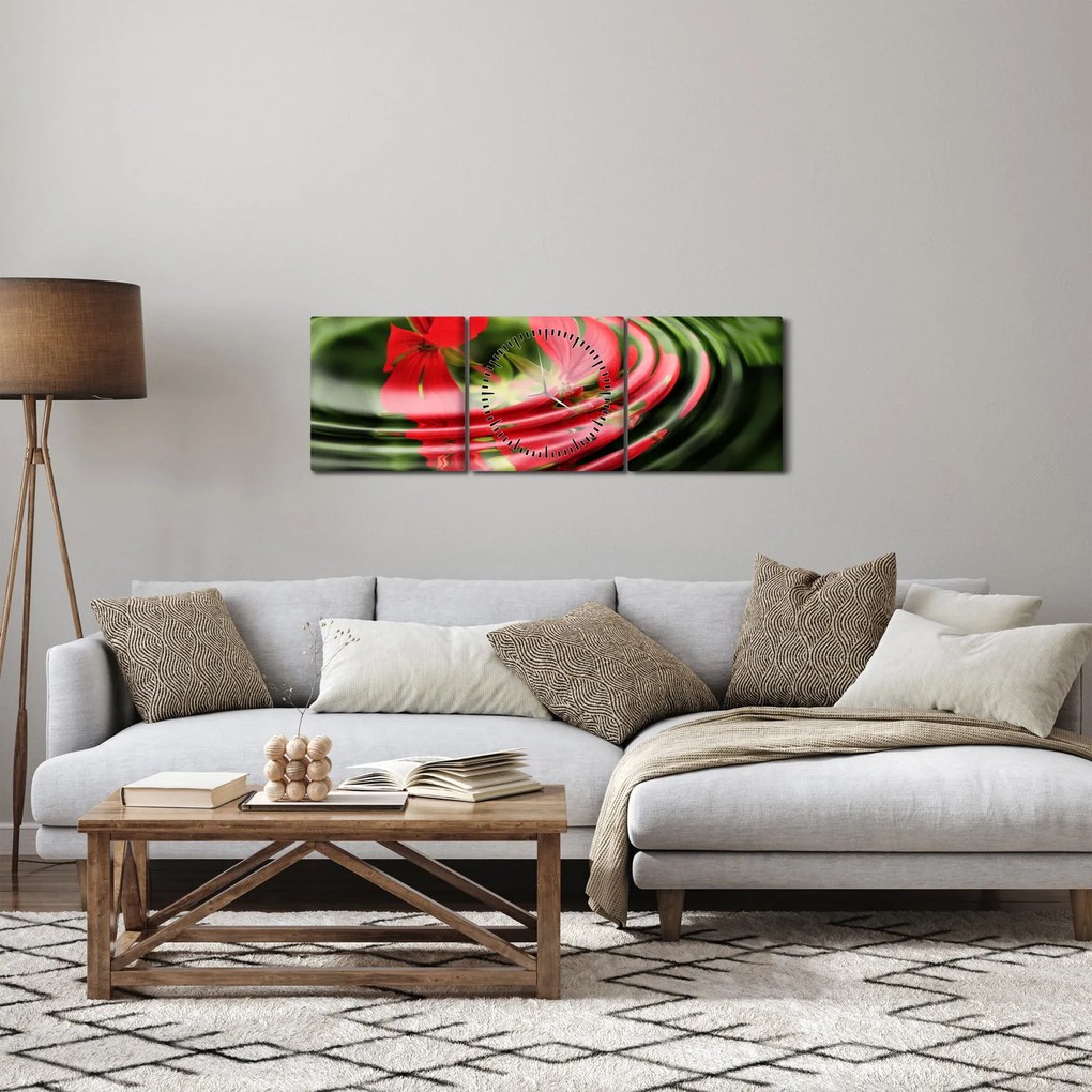 Abstrakcyjny obraz - kwiaty w falach (z zegarem) (90x30 cm)
