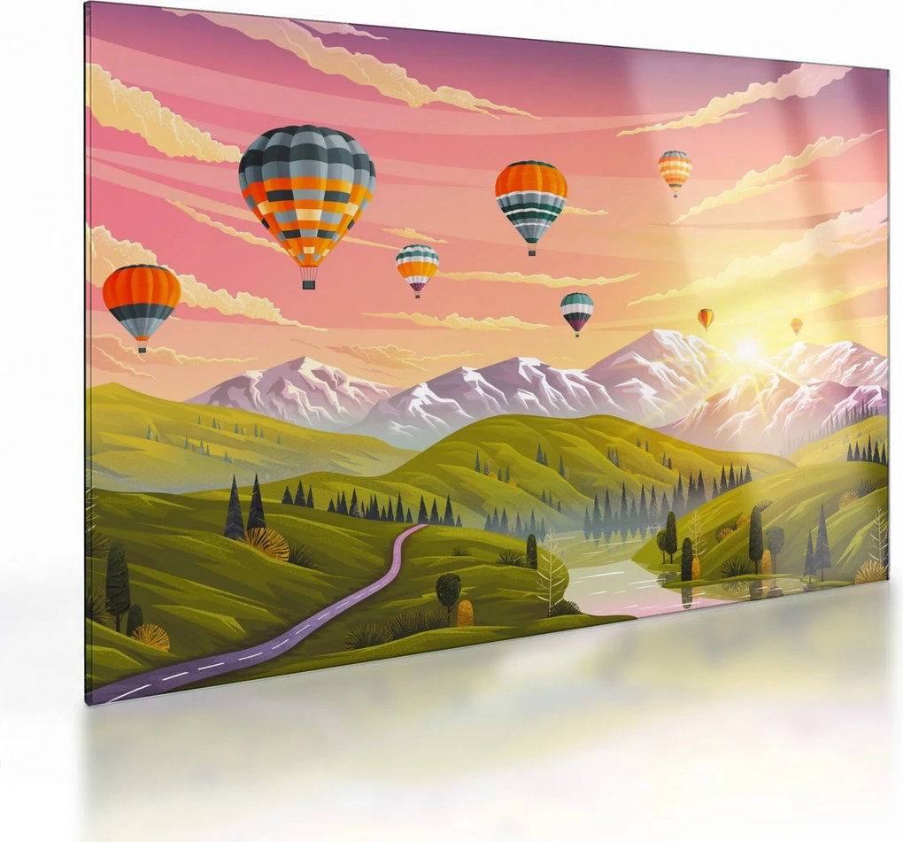 Obraz na szkle balonów nad krajobrazem (70x50 cm)