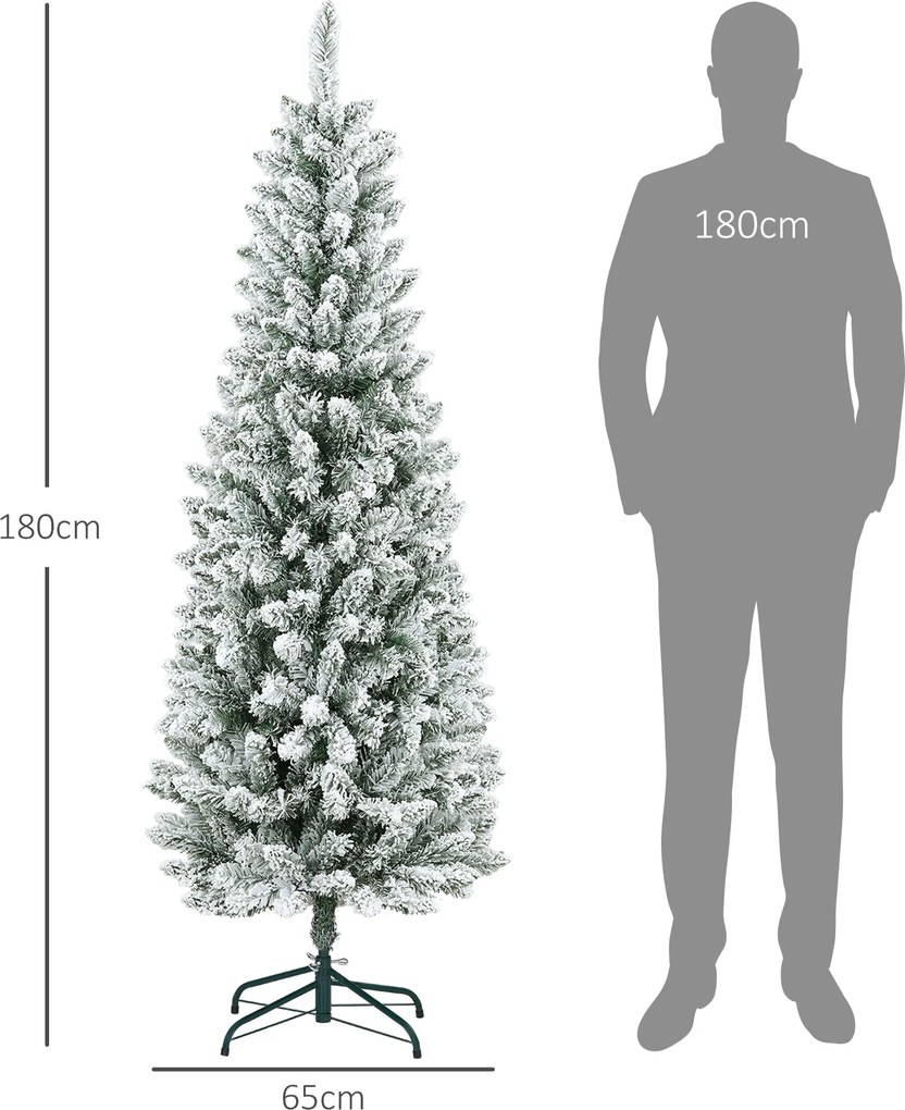 HOMCOM Sztuczna Choinka, szczupła, z efektem śniegu, trzyczęściowa, trudnopalna, z metalową podstawą, 180 cm, Zielona | Aosom PL