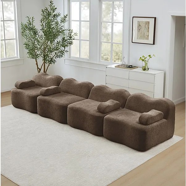 Canapé modulable en velours - 4 places - coussin d'accoudoir mobile - 384x98x70cm - Marron