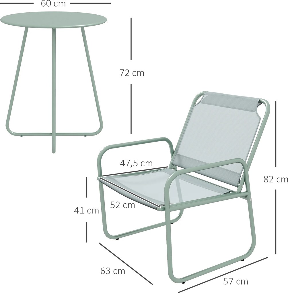 Outsunny Zestaw mebli ogrodowych 3-elementowy, 2 krzesła z oddychającym pokryciem, 1 okrągły stolik Ø60 cm, Zielony