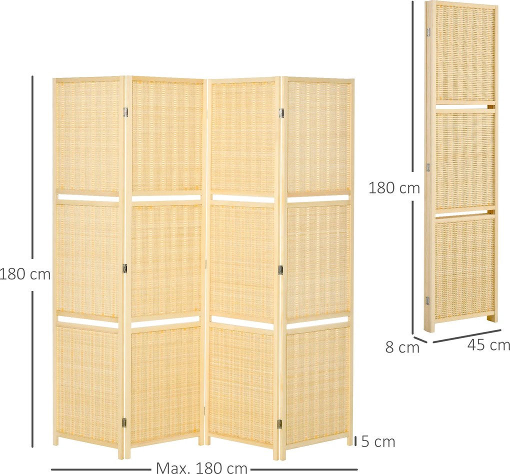 HOMCOM Parawan, przegroda z bambusa, 2 półki, składana, podkładki na nóżki, naturalny